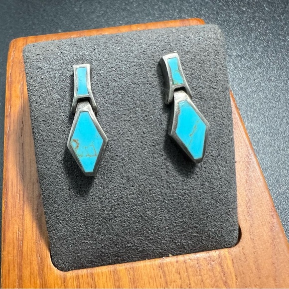 Vtg Sterling Sleeping Beauty Turquoise Inlay Dangle Earrings Native Amer… - Picture 2 of 10